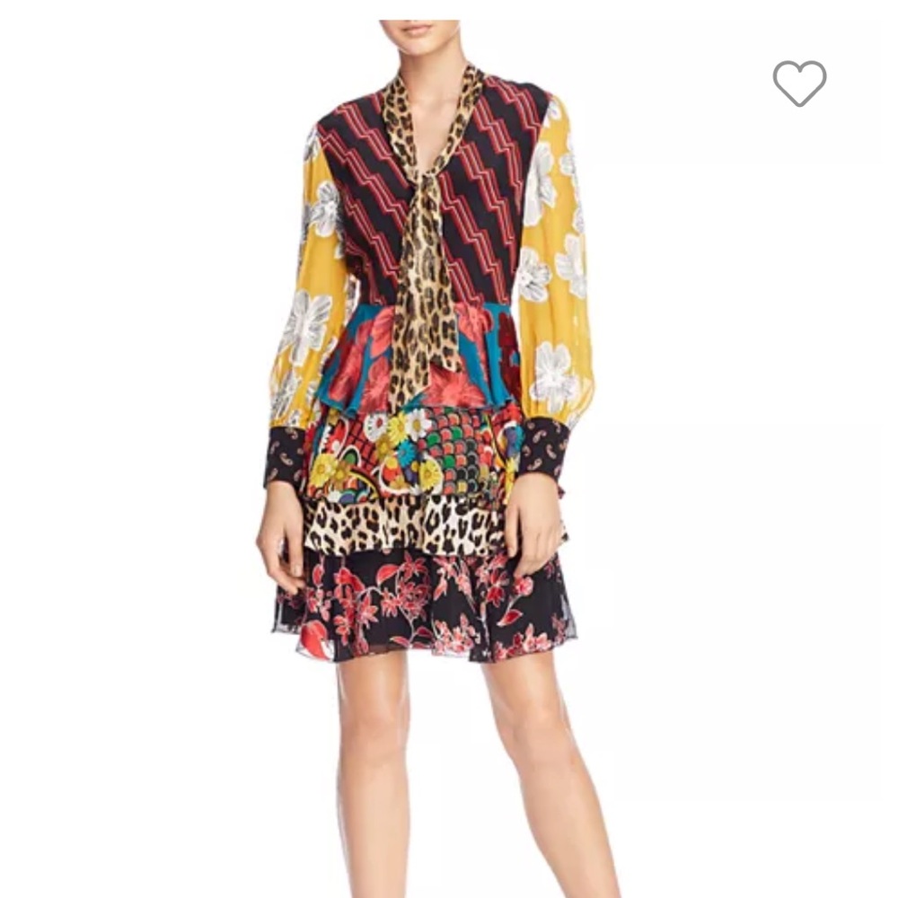 Alice and Olivia Dasha Mixed-Printed Tie-Neck Tiered Dress
